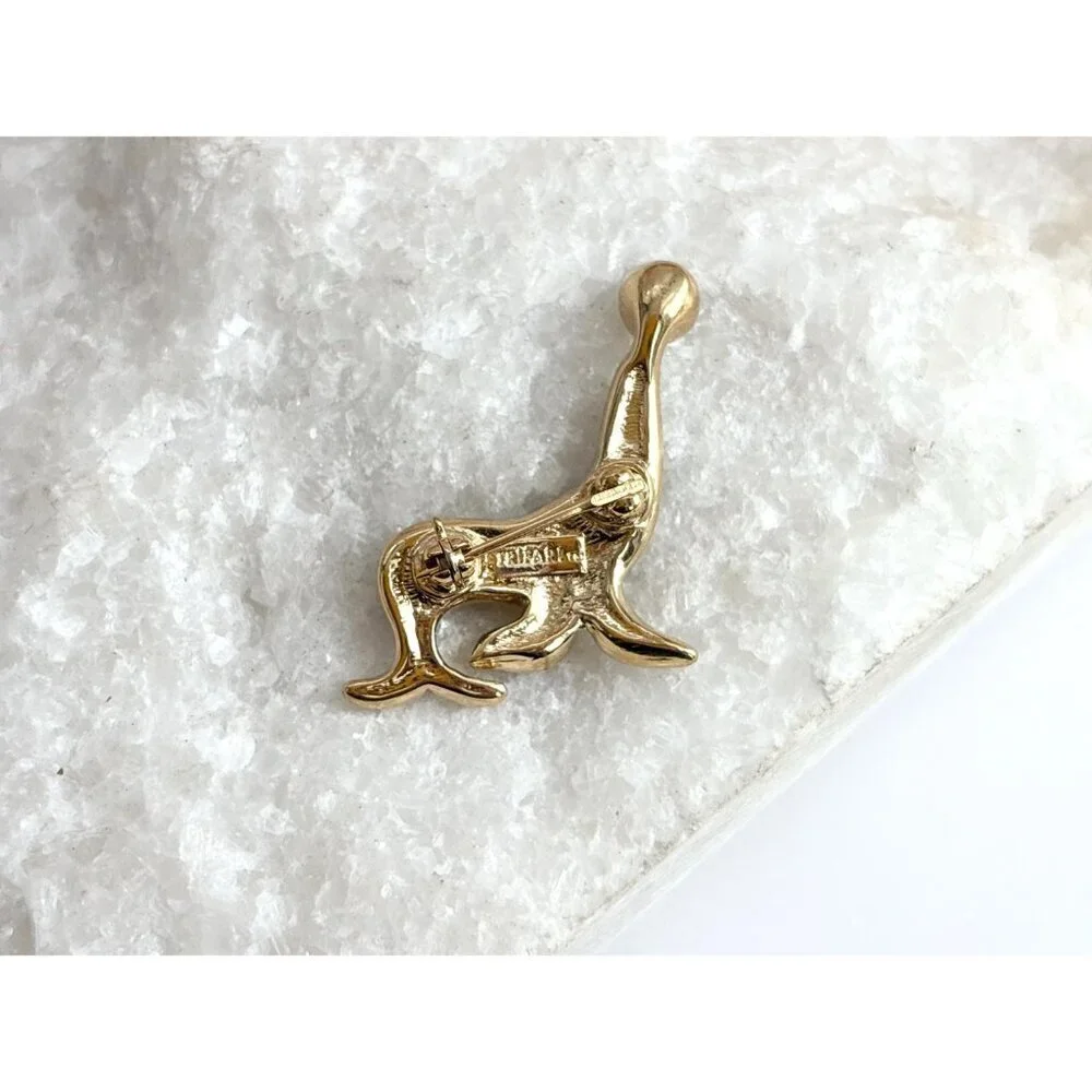 Seal Shaped Black Enameled Figural Gold TOned Vintage Costume Jewelry Brooch